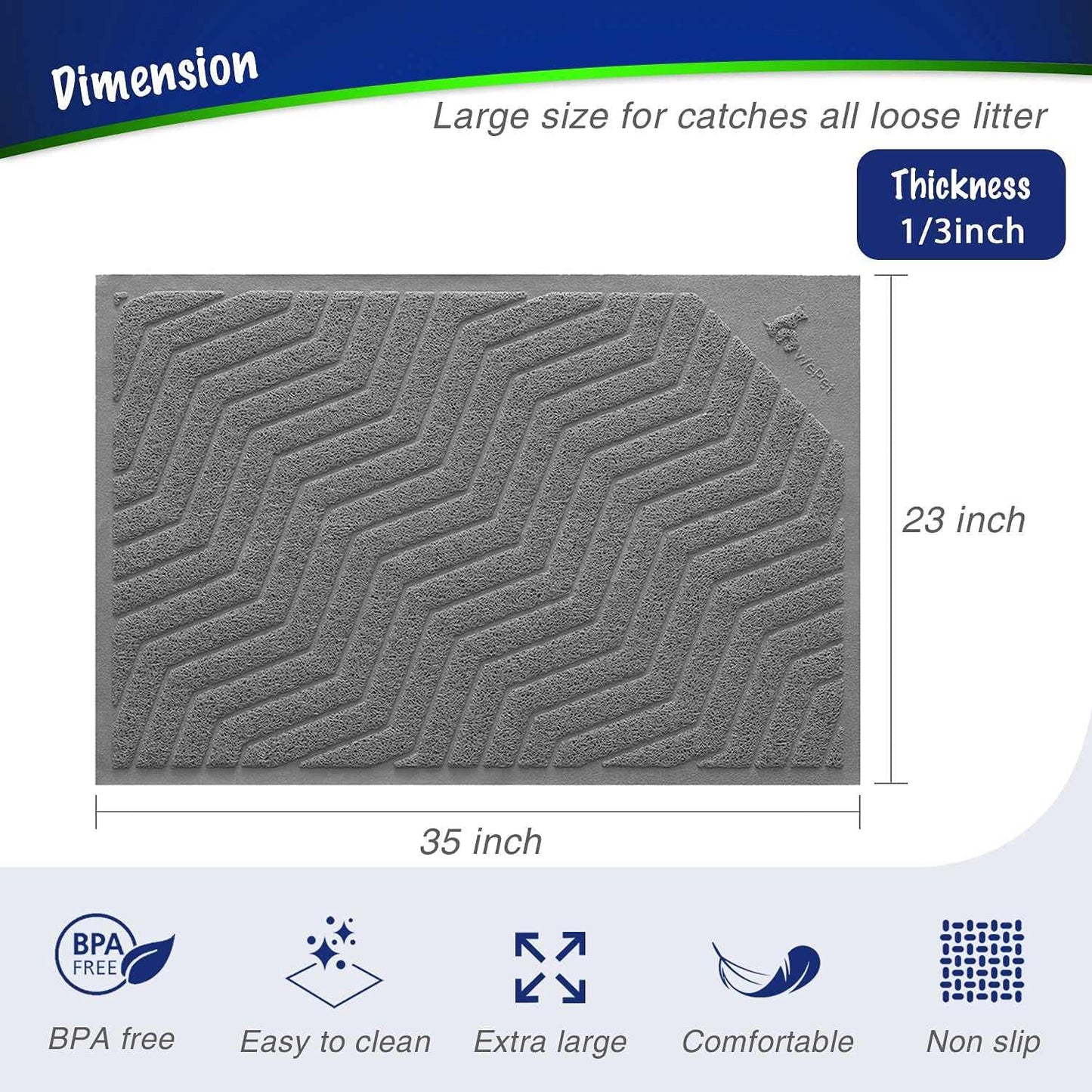 Premium PVC Cat Litter Box Mat, Durable Urine-Resistant Trapping Rug, Phthalate-Free, Scatter Control, 35" x 23", Grey